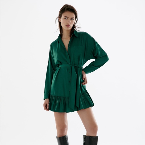 zara green satin shirt dress SATIN SHIRT DRESS